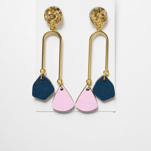 Amy brass arch earrings Navy & Pale pink