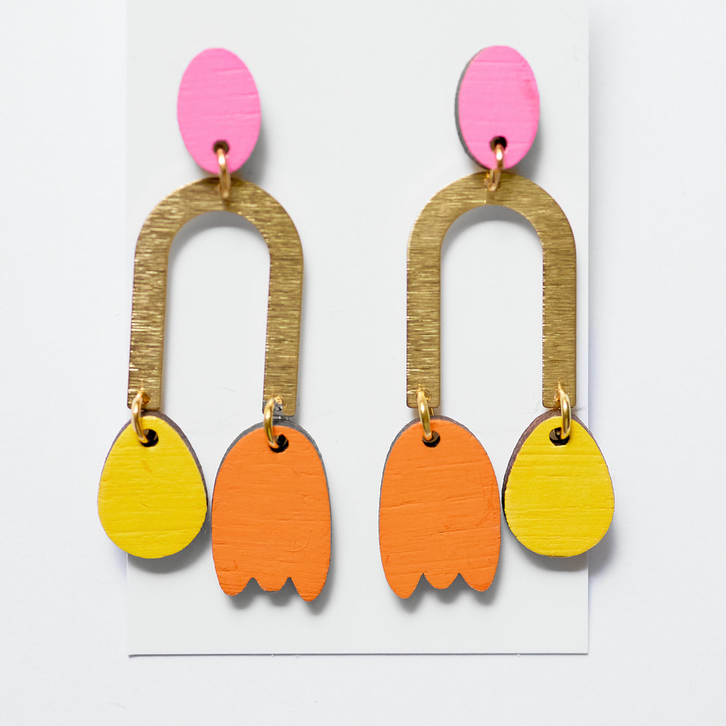 Archie brass earrings Pink, Yellow, Orange