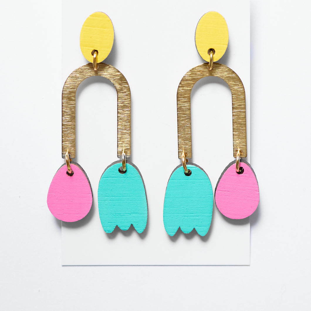 Archie brass earrings Yellow, Pink, Mint